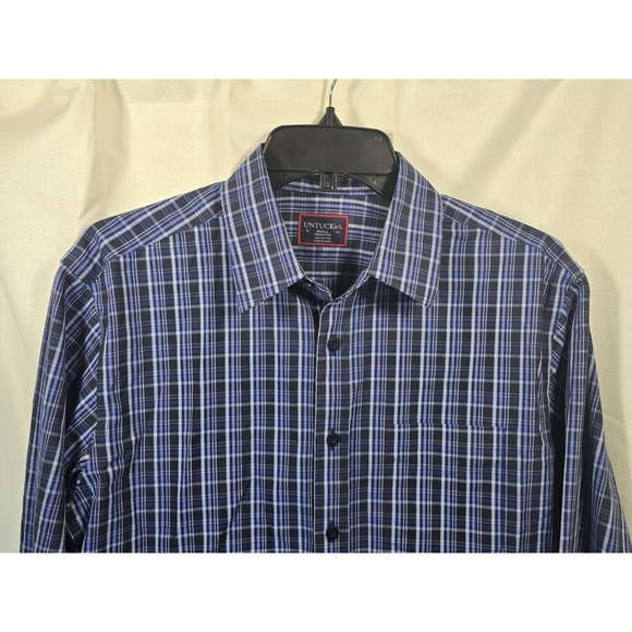 Untuckit Shirt Men Small Blue Plaid Button Up Long Sleeve Dress Shirt - Picture 3 of 10